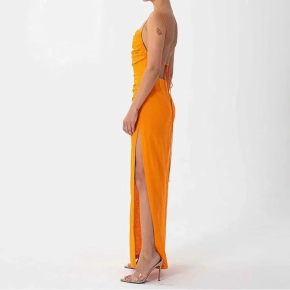 Ronny Kobo Clark Linen Blend Open Back Maxi Dress Ruched Bodycon Orange Size S - Picture 3 of 15